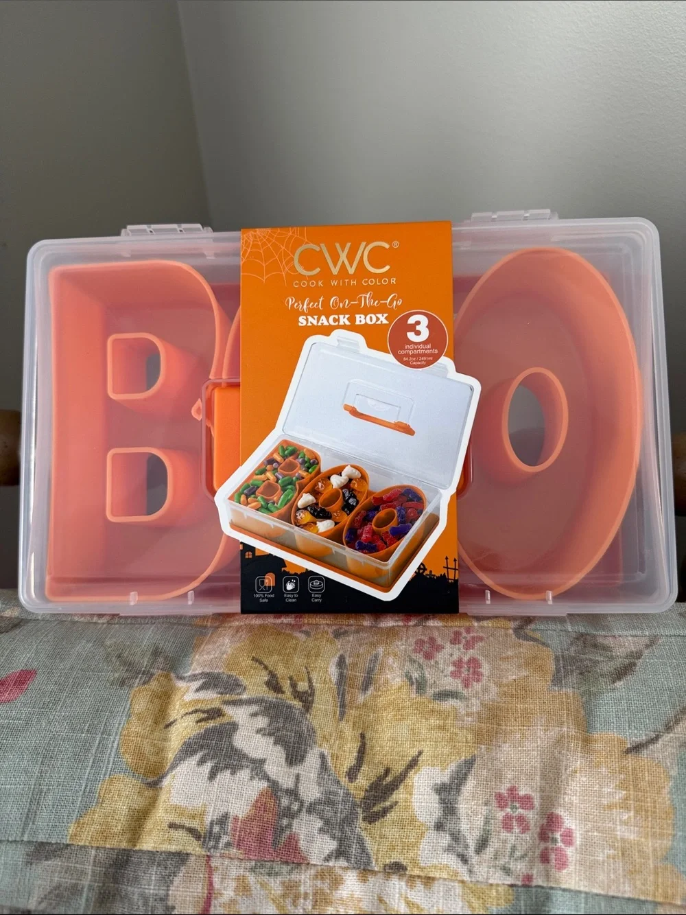 CWC Orange 3-Compartment Snack “BOO” Box - Portable Food Storage
